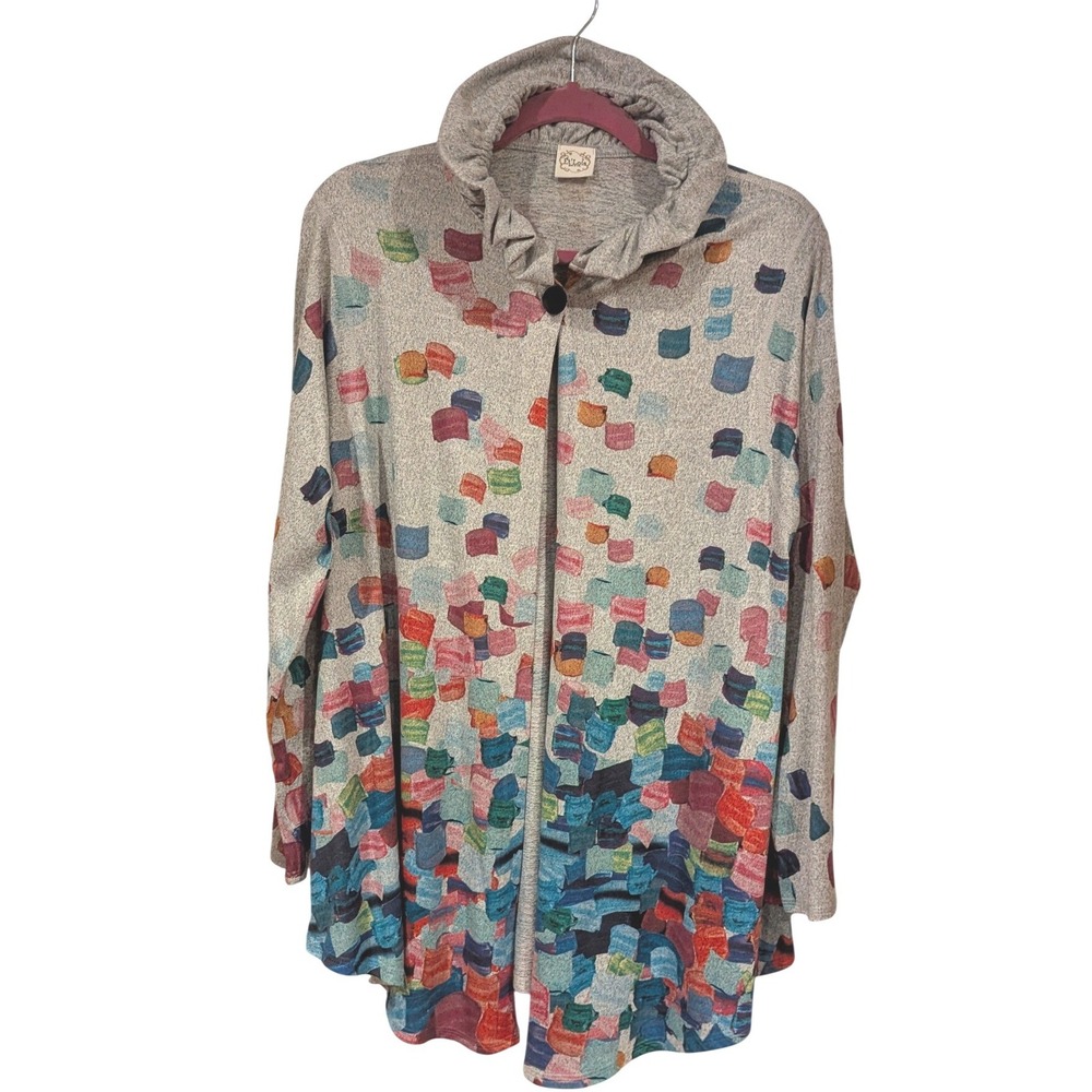 Et' Lois Cardigan XL Grey Multicolor Abstract Block Print Ruffle Art To Wear